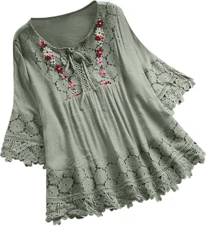 Gauze Linen Shirts for Women Summer Lace Boho Tops 3/4 Length Sleeve Beach Top Blouse Sexy V Neck Embroidered Tshirts