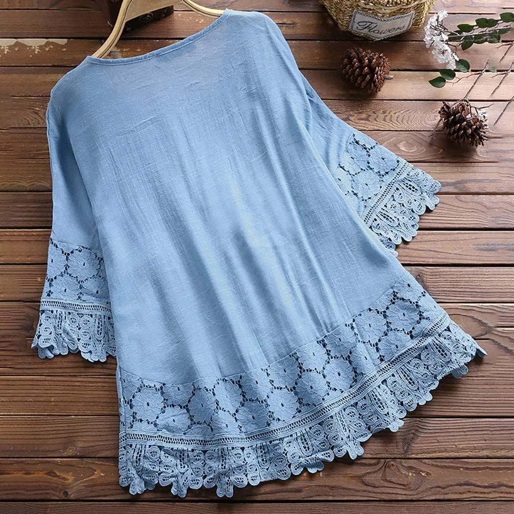 Gauze Linen Shirts for Women Summer Lace Boho Tops 3/4 Length Sleeve Beach Top Blouse Sexy V Neck Embroidered Tshirts