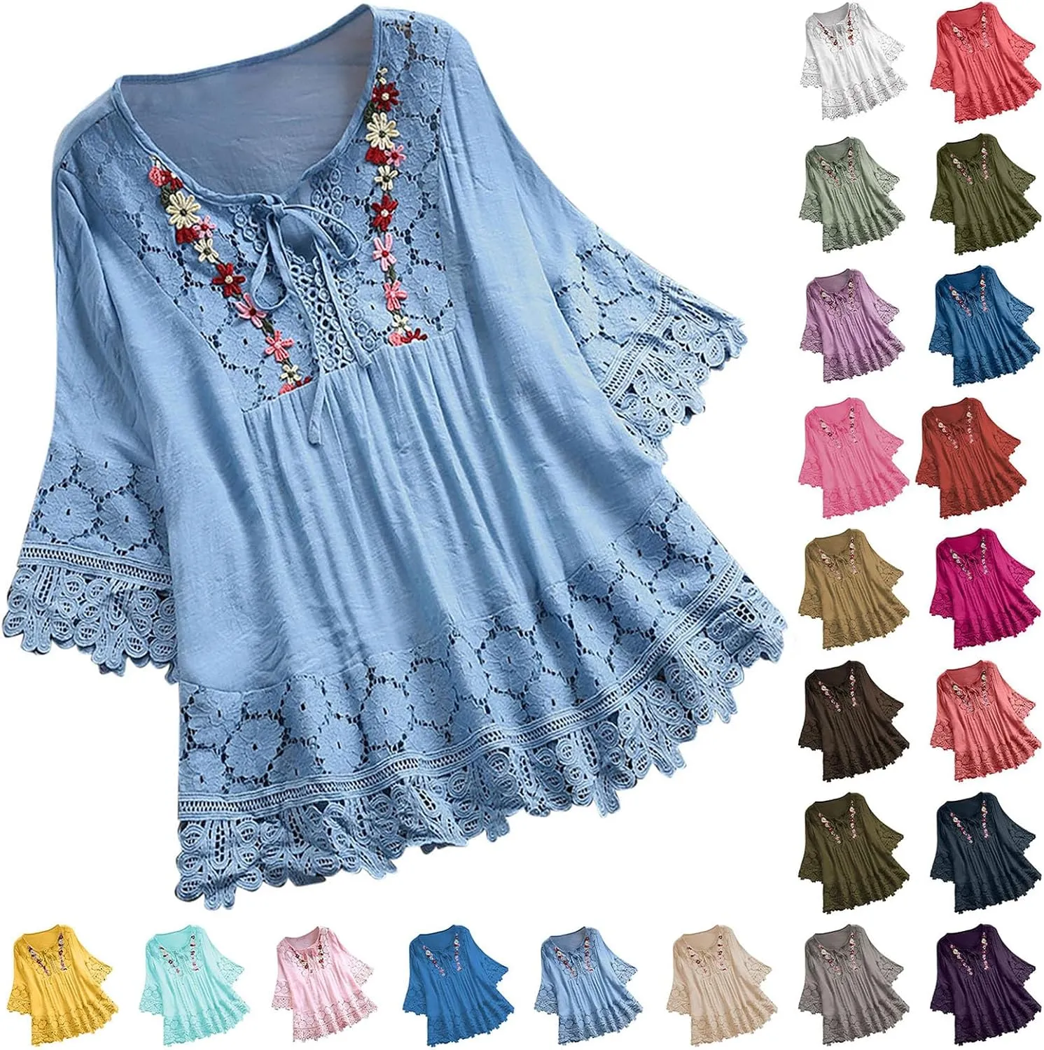 Gauze Linen Shirts for Women Summer Lace Boho Tops 3/4 Length Sleeve Beach Top Blouse Sexy V Neck Embroidered Tshirts