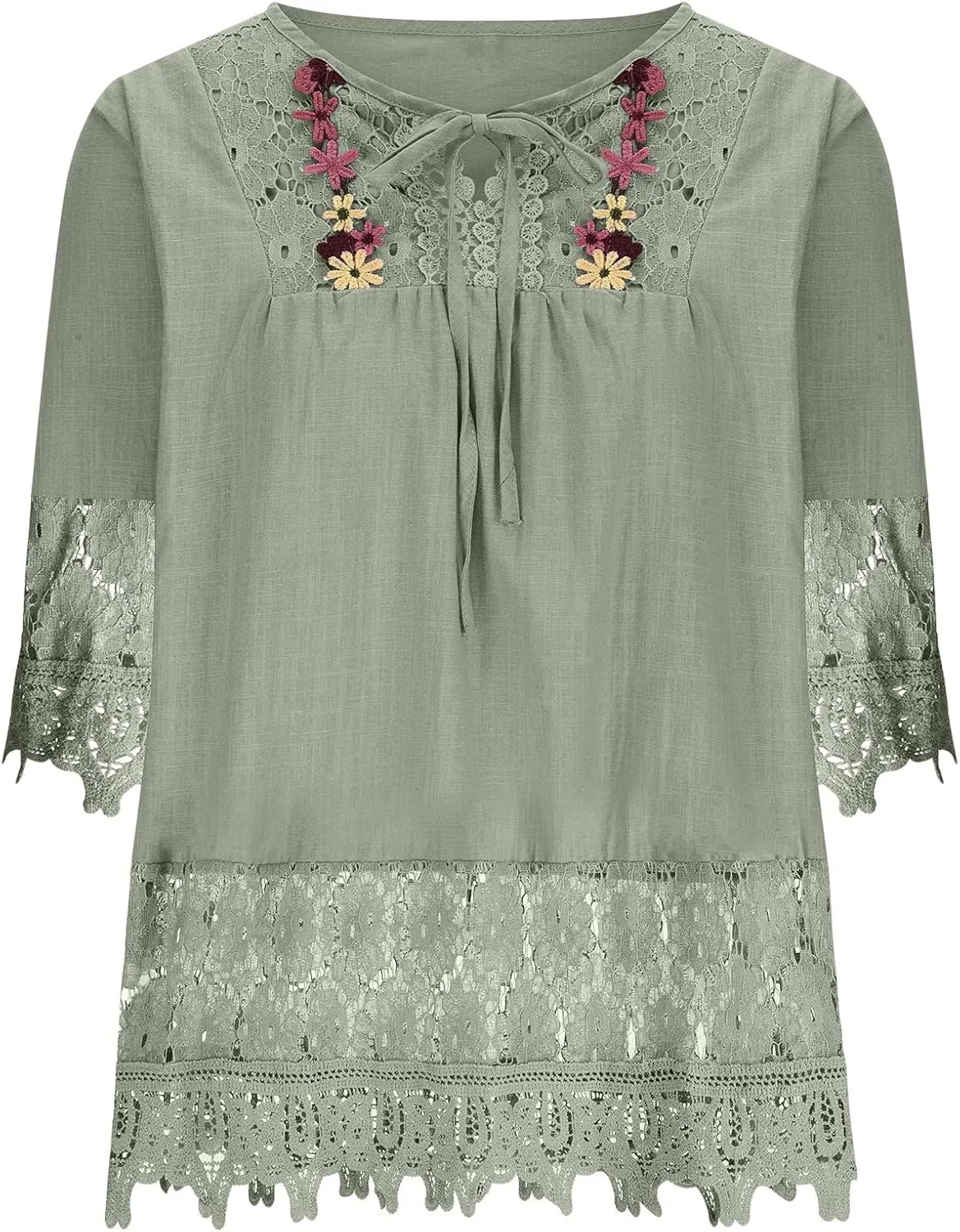 Gauze Linen Shirts for Women Summer Lace Boho Tops 3/4 Length Sleeve Beach Top Blouse Sexy V Neck Embroidered Tshirts