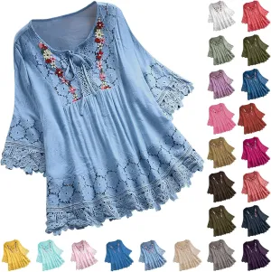 Gauze Linen Shirts for Women Summer Lace Boho Tops 3/4 Length Sleeve Beach Top Blouse Sexy V Neck Embroidered Tshirts
