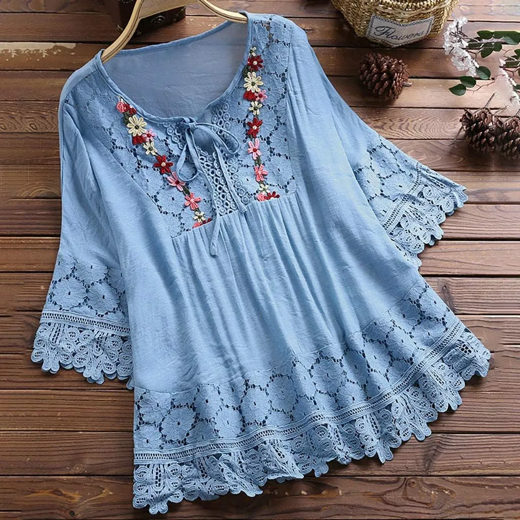 Gauze Linen Shirts for Women Summer Lace Boho Tops 3/4 Length Sleeve Beach Top Blouse Sexy V Neck Embroidered Tshirts
