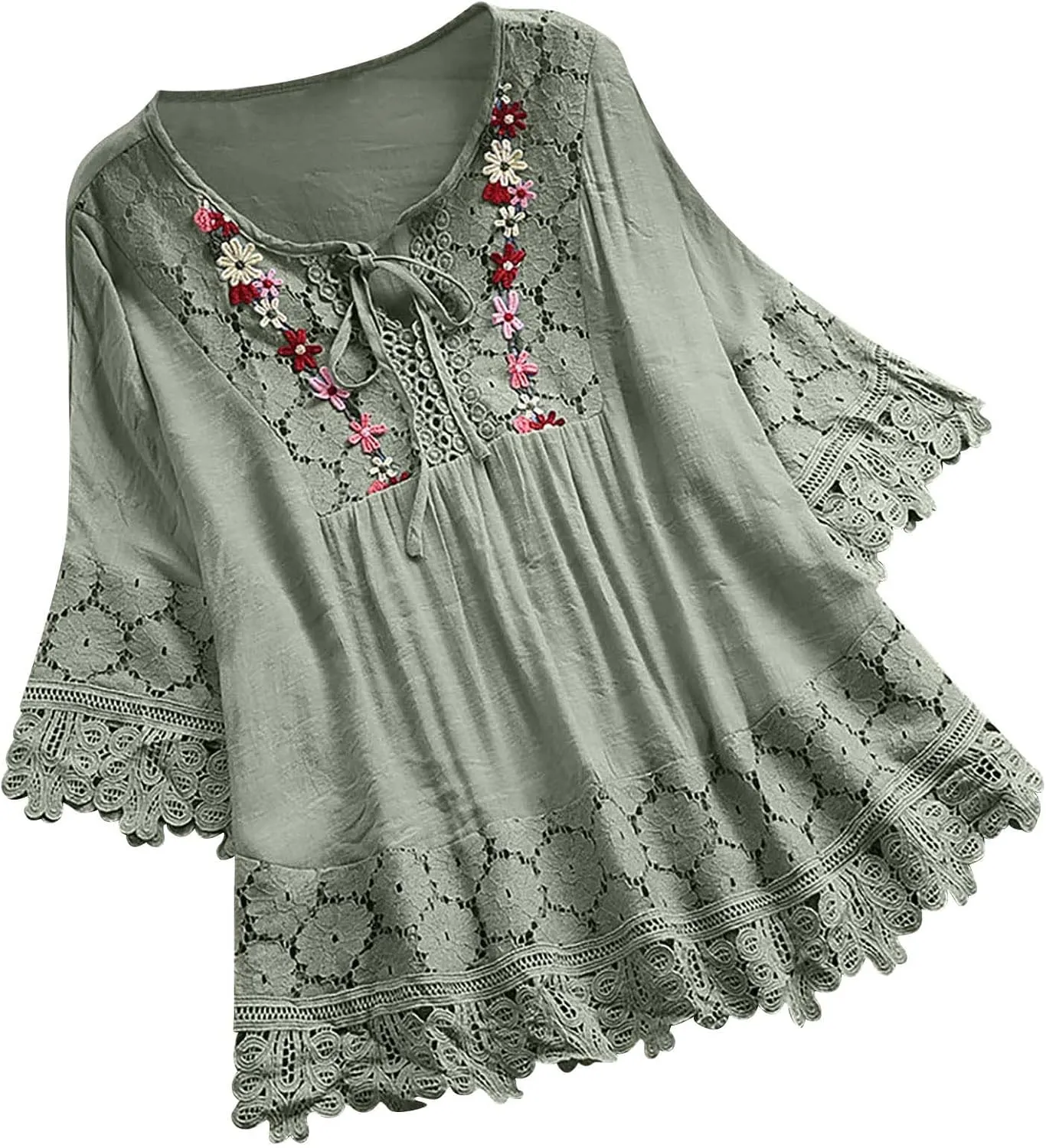 Gauze Linen Shirts for Women Summer Lace Boho Tops 3/4 Length Sleeve Beach Top Blouse Sexy V Neck Embroidered Tshirts