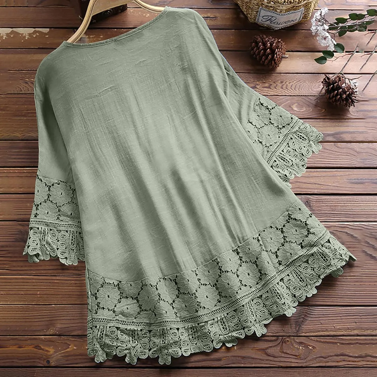 Gauze Linen Shirts for Women Summer Lace Boho Tops 3/4 Length Sleeve Beach Top Blouse Sexy V Neck Embroidered Tshirts