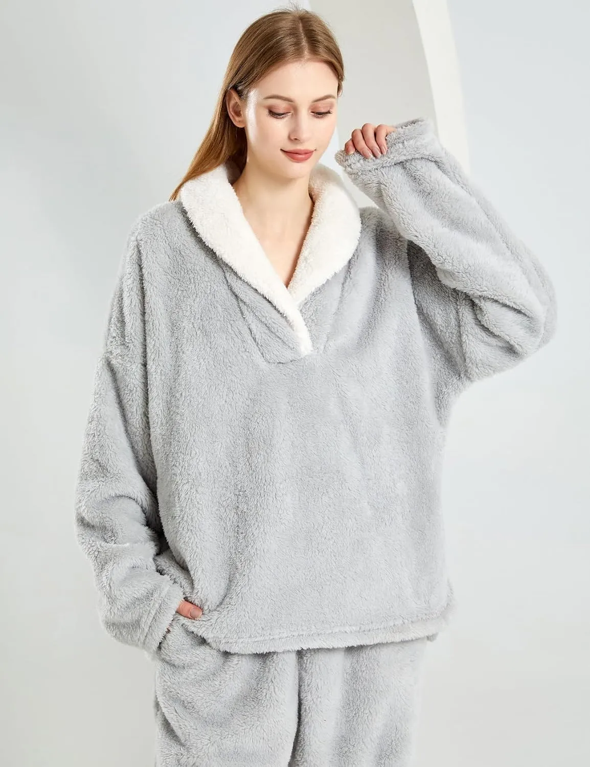 Gihuo Women' s Fluffy Pajamas Set Fleece Pullover Pants Loose Plush Sleepwear 2 Piece Pjs Set Warm Loungewear Fuzzy