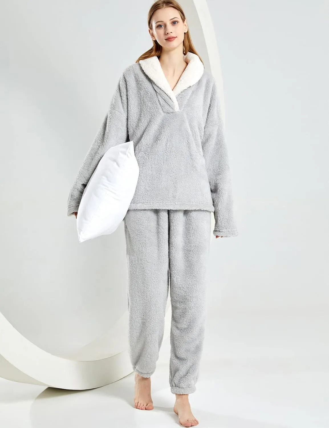 Gihuo Women' s Fluffy Pajamas Set Fleece Pullover Pants Loose Plush Sleepwear 2 Piece Pjs Set Warm Loungewear Fuzzy