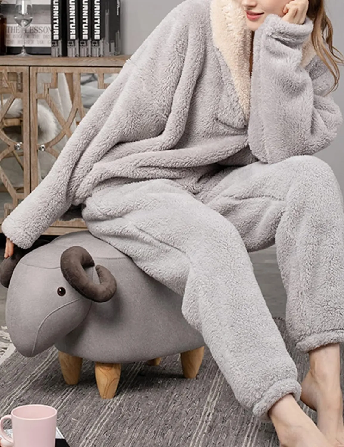 Gihuo Women' s Fluffy Pajamas Set Fleece Pullover Pants Loose Plush Sleepwear 2 Piece Pjs Set Warm Loungewear Fuzzy