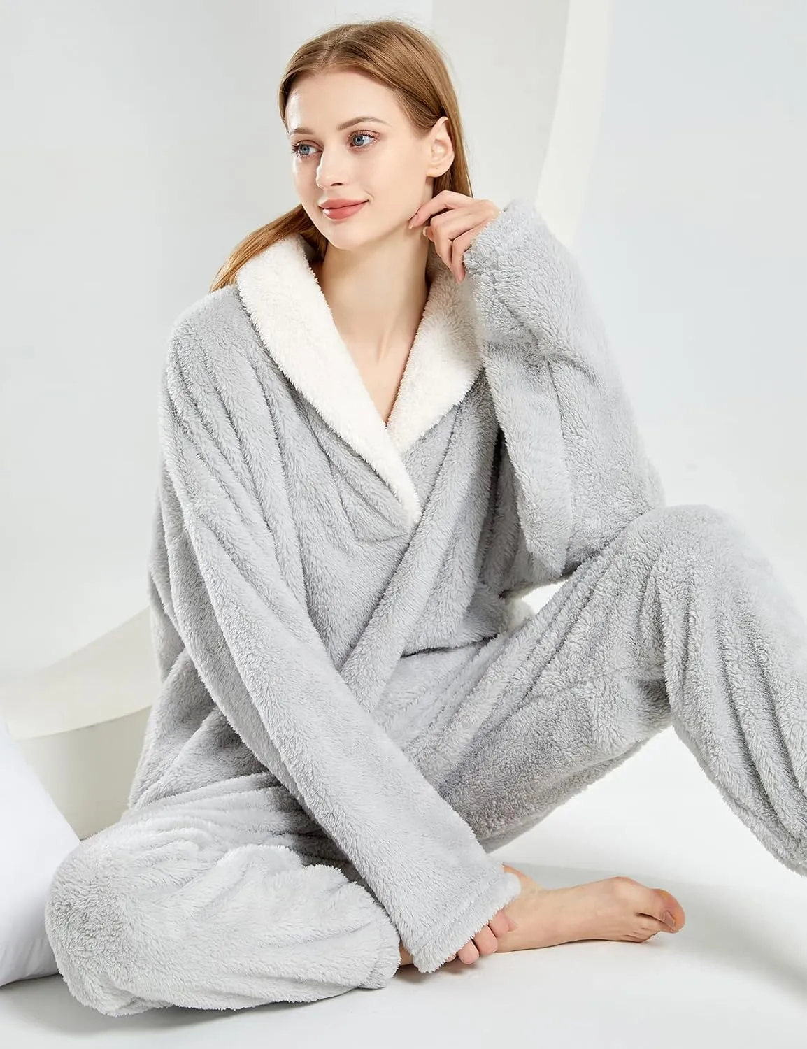 Gihuo Women' s Fluffy Pajamas Set Fleece Pullover Pants Loose Plush Sleepwear 2 Piece Pjs Set Warm Loungewear Fuzzy