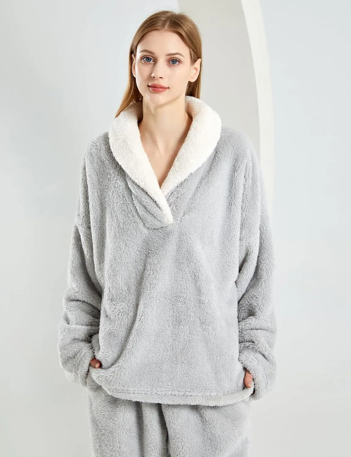 Gihuo Women' s Fluffy Pajamas Set Fleece Pullover Pants Loose Plush Sleepwear 2 Piece Pjs Set Warm Loungewear Fuzzy