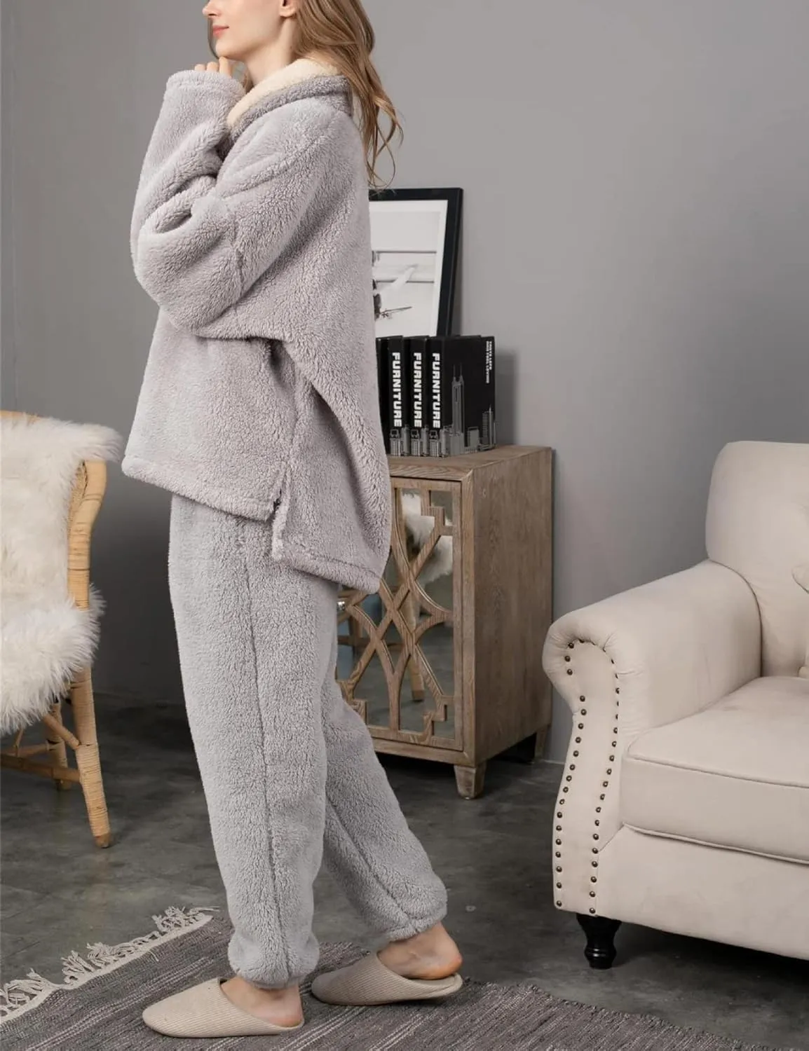 Gihuo Women' s Fluffy Pajamas Set Fleece Pullover Pants Loose Plush Sleepwear 2 Piece Pjs Set Warm Loungewear Fuzzy