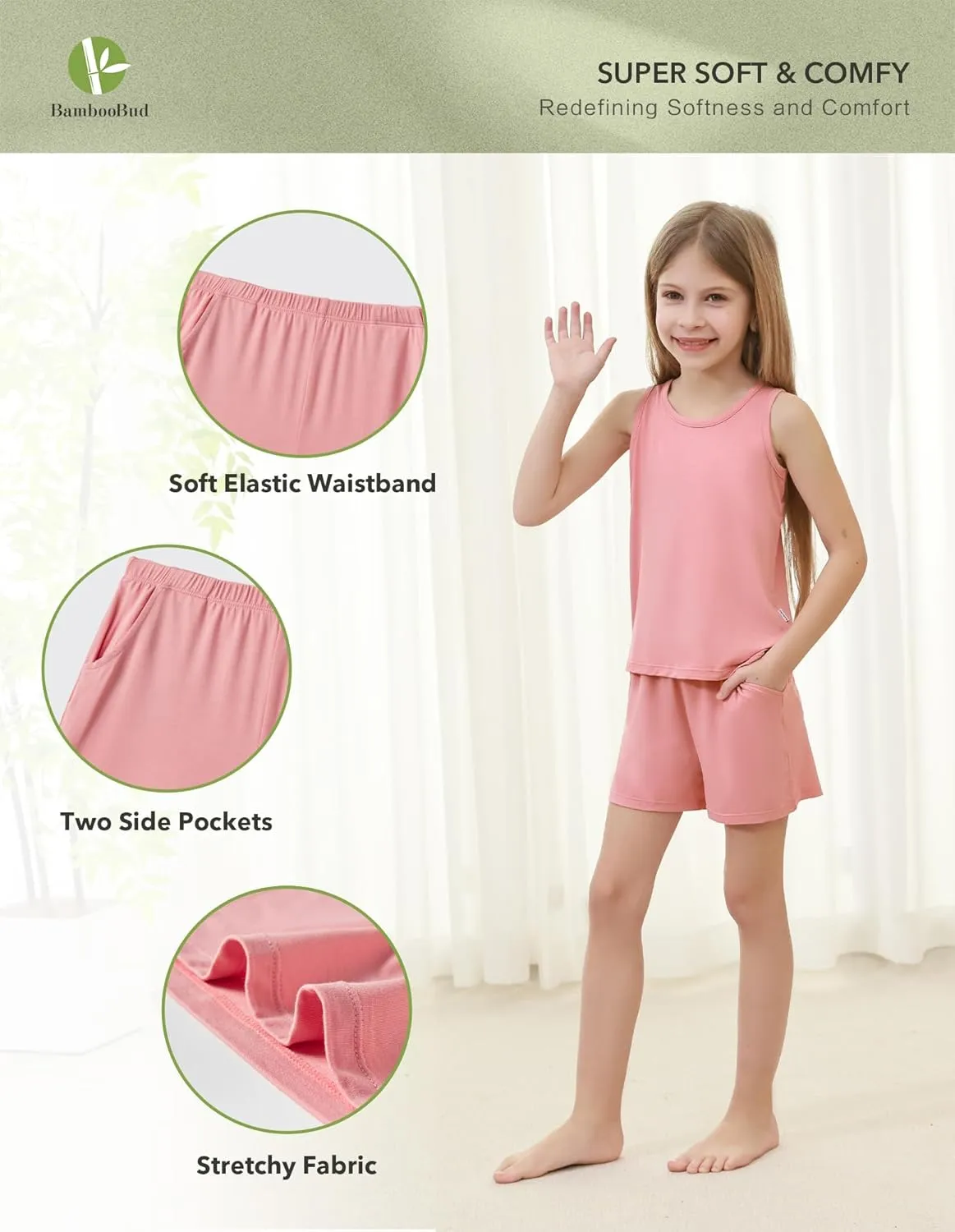 Girls Boys Tank Pajamas Sleeveless Top Summer Shorts Pjs Unisex Kids Soft Viscose from Bamboo Sleepwear 2T-7Y