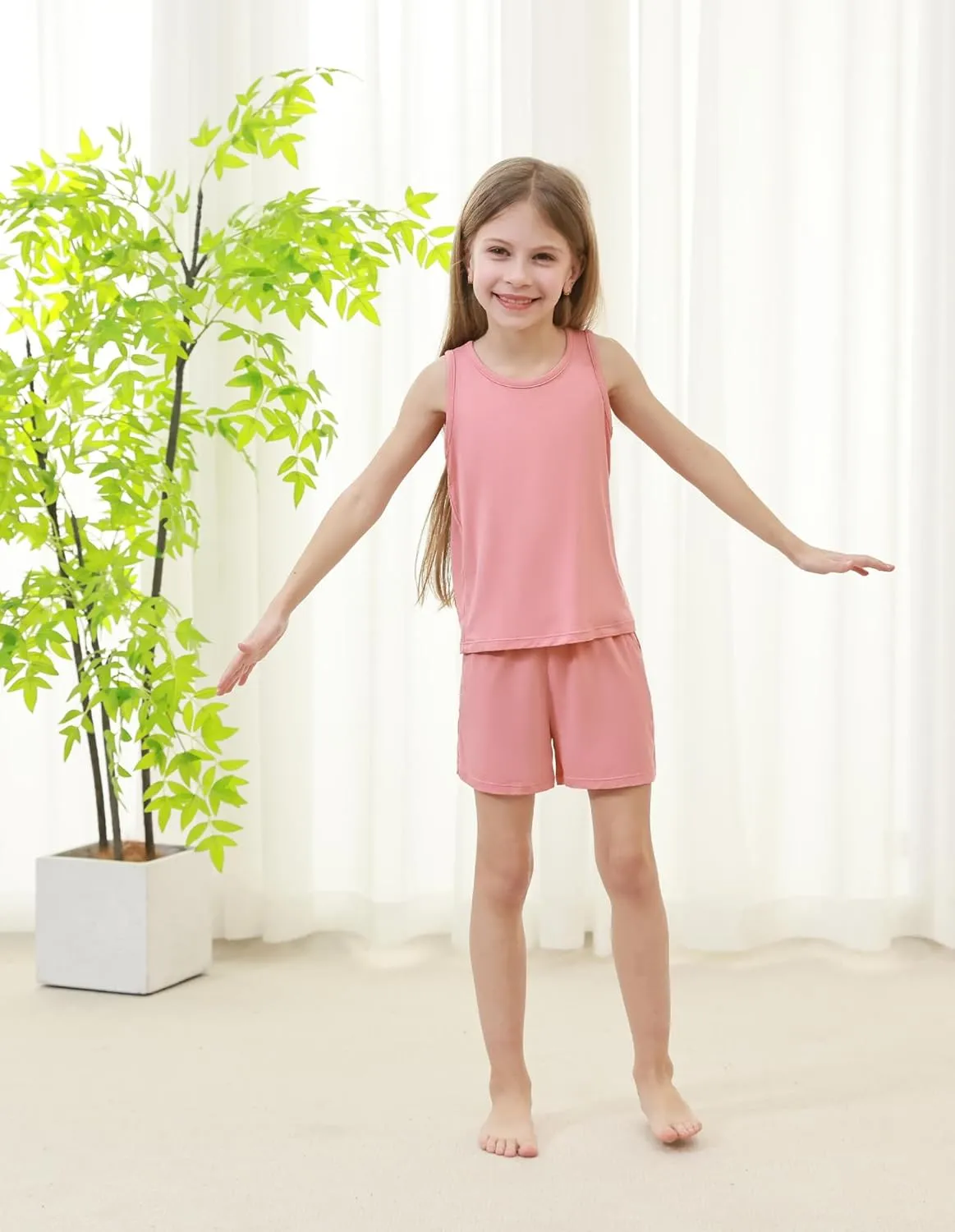Girls Boys Tank Pajamas Sleeveless Top Summer Shorts Pjs Unisex Kids Soft Viscose from Bamboo Sleepwear 2T-7Y