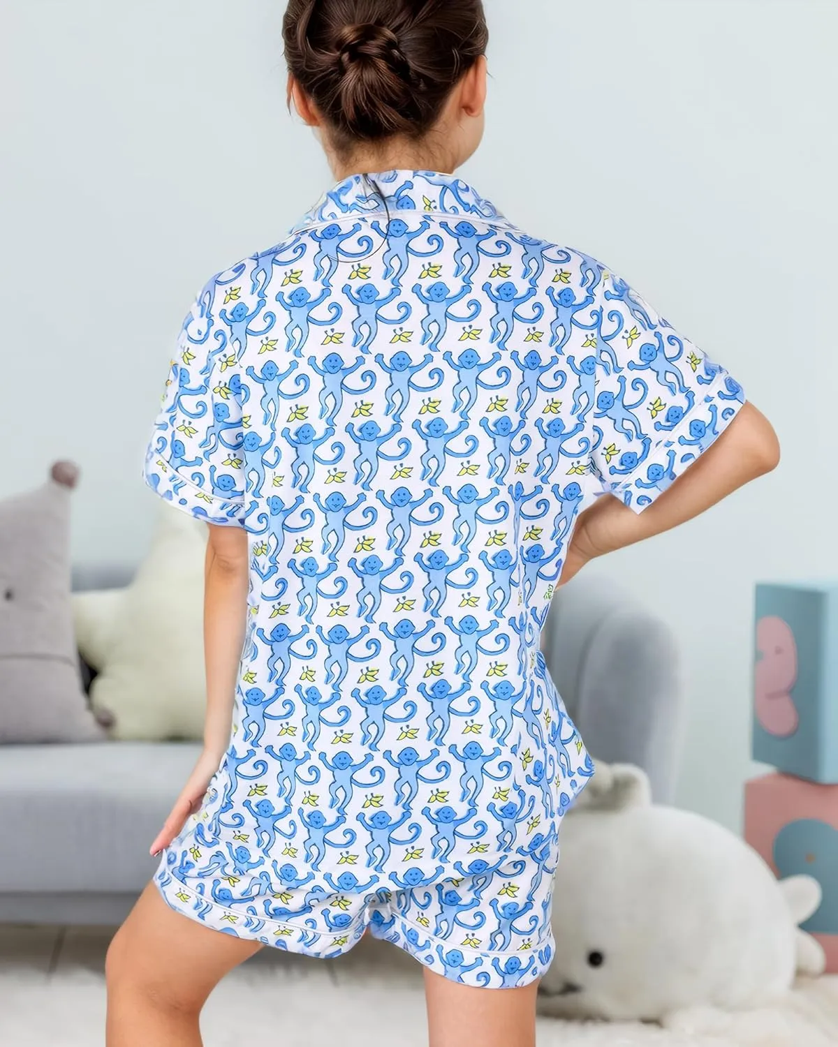 Girls Summer Outfit, Kids 2 Piece Button Down Monkey Beach Shorts Set Ugly Animal Y2k Preppy Loungewear Pjs