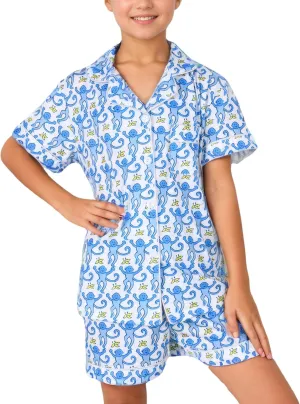 Girls Summer Outfit, Kids 2 Piece Button Down Monkey Beach Shorts Set Ugly Animal Y2k Preppy Loungewear Pjs