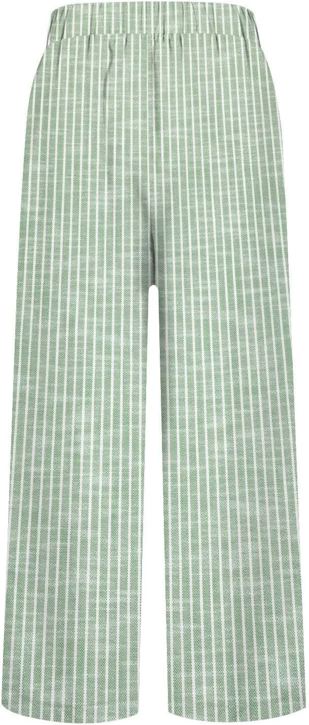 GOKKILRW Women Wide Leg Linen Pants High Waisted Striped Summer Casual Boho Palazzo Trousers with Pockets Beach Loungewear
