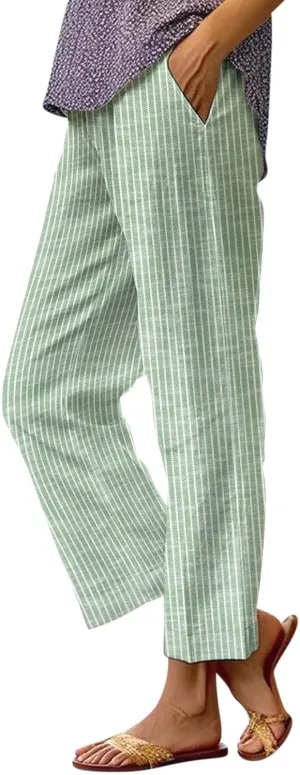 GOKKILRW Women Wide Leg Linen Pants High Waisted Striped Summer Casual Boho Palazzo Trousers with Pockets Beach Loungewear