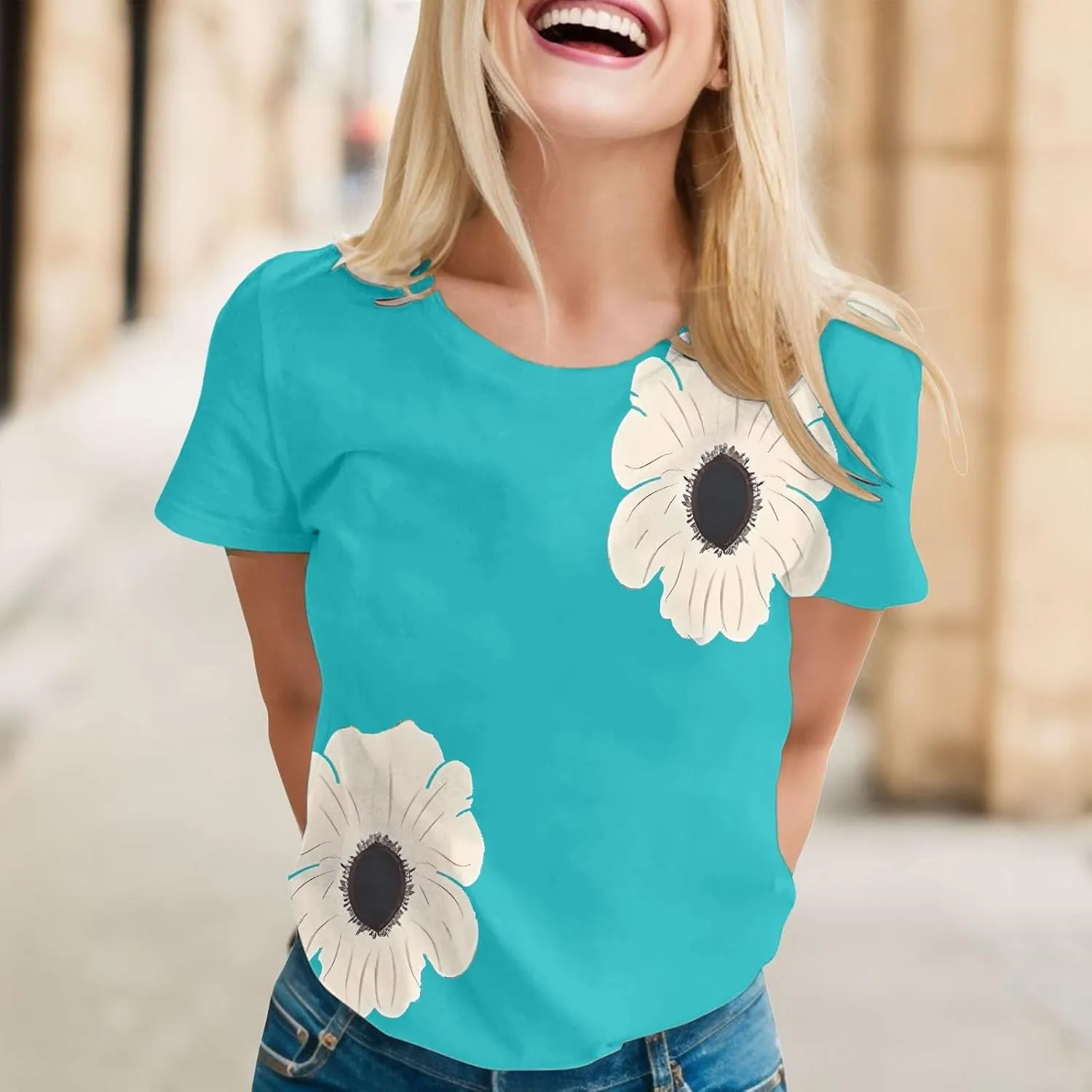 Graphic Tees for Women Short Sleeve Tshirts,Womens Summer Tops Crewneck Shirt Blouse Flower Printed Tops for Women