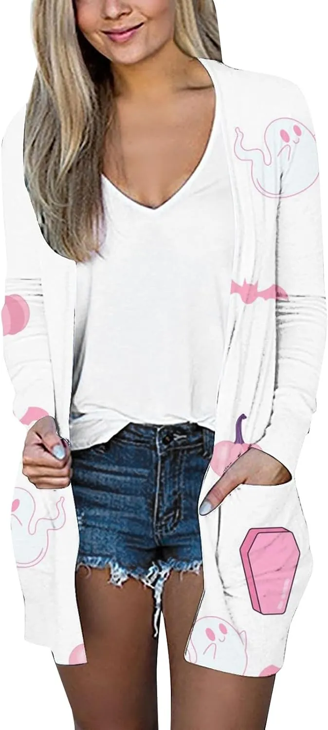 Halloween Cardigan for Women Funny Pumpkin Cat Printed Kimono Plus Size Lightweight Loungewear with Pocket