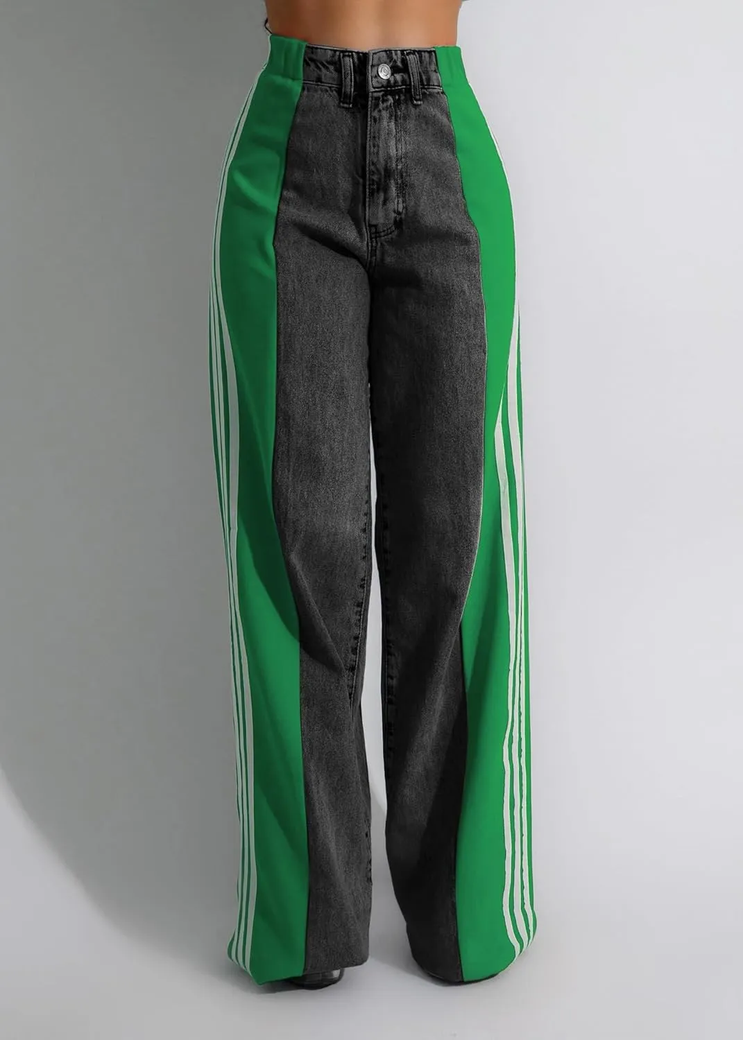 High-Waisted Denim Wide-Leg Jeans, Striped Side Panel Design, Stretch Bootcut, Light Blue