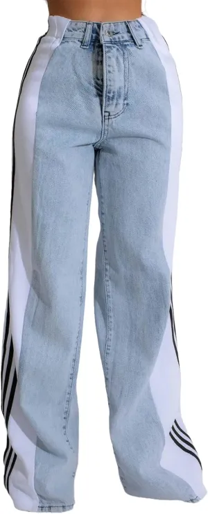 High-Waisted Denim Wide-Leg Jeans, Striped Side Panel Design, Stretch Bootcut, Light Blue