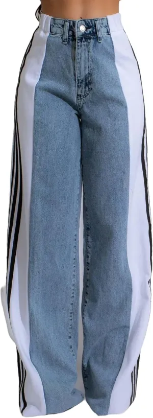 High-Waisted Denim Wide-Leg Jeans, Striped Side Panel Design, Stretch Bootcut, Light Blue