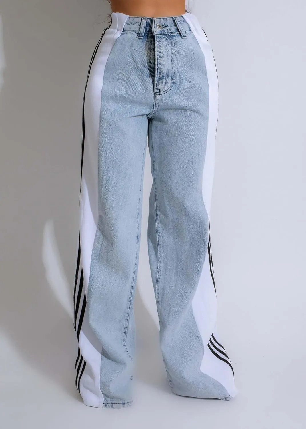 High-Waisted Denim Wide-Leg Jeans, Striped Side Panel Design, Stretch Bootcut, Light Blue