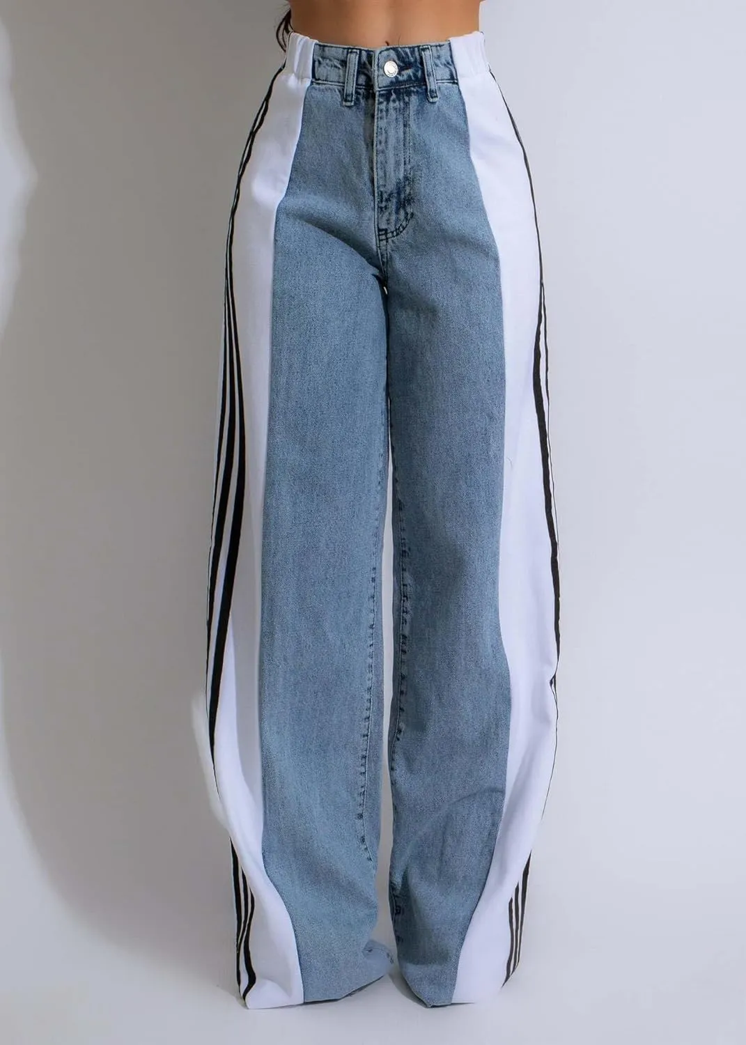 High-Waisted Denim Wide-Leg Jeans, Striped Side Panel Design, Stretch Bootcut, Light Blue