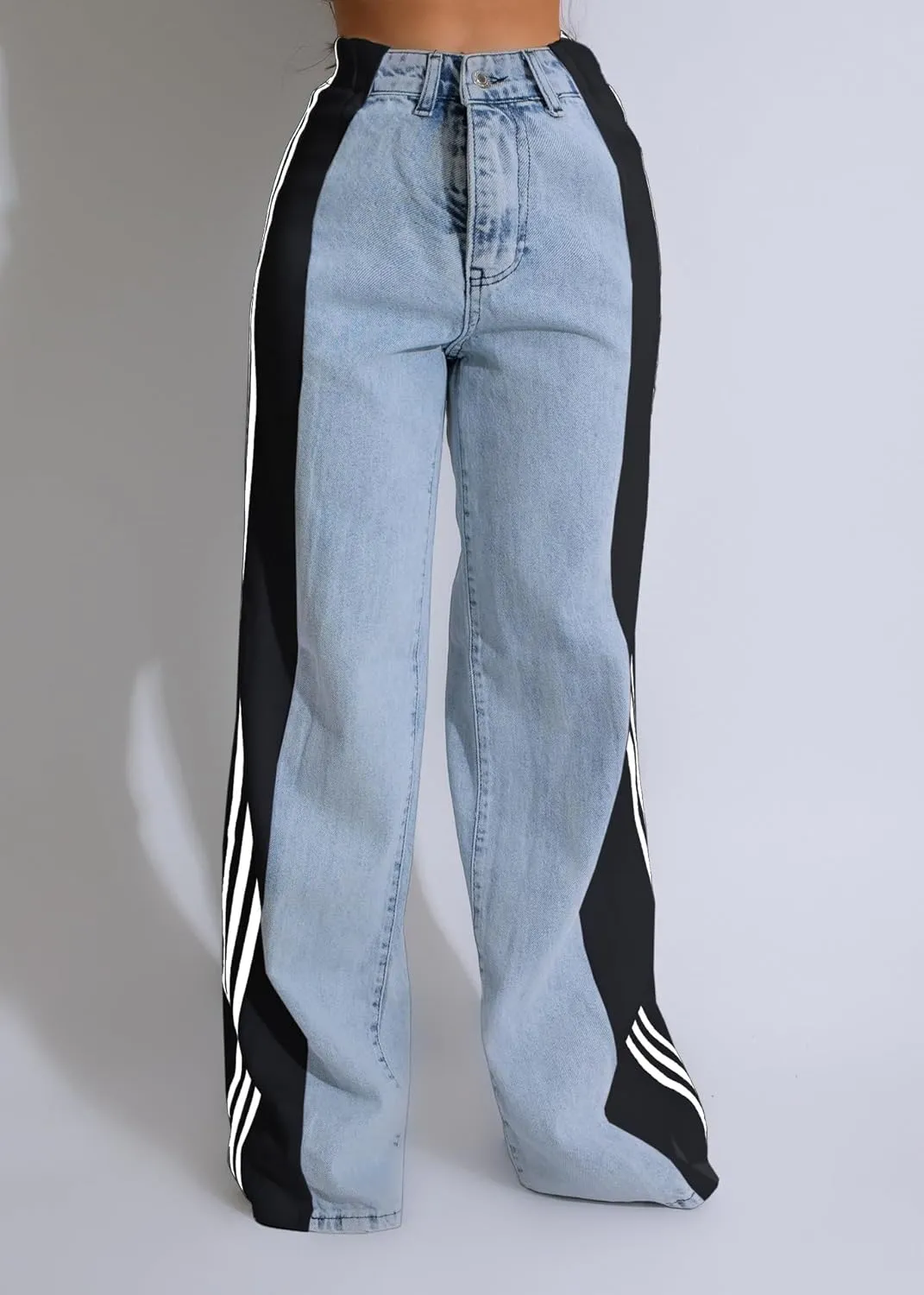 High-Waisted Denim Wide-Leg Jeans, Striped Side Panel Design, Stretch Bootcut, Light Blue
