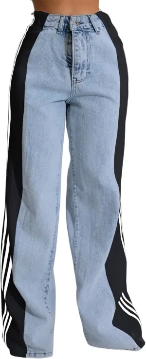 High-Waisted Denim Wide-Leg Jeans, Striped Side Panel Design, Stretch Bootcut, Light Blue
