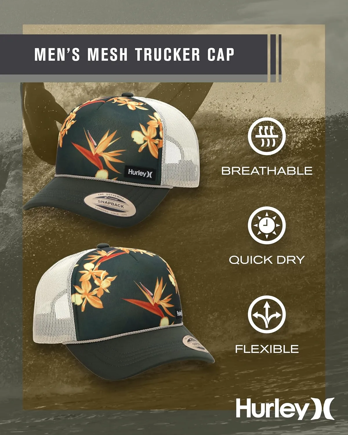 Hurley Men's Rincon Trucker Hat - Breathable Mesh Sides, Curved Bill, Adjustable Snap Closure - Trucker Hats for Men