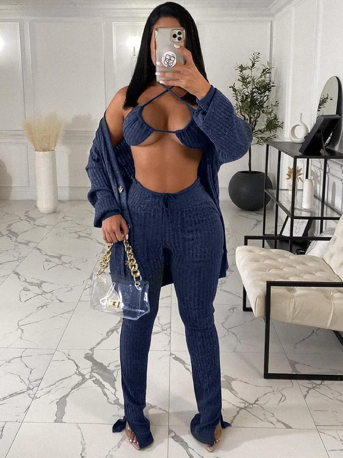 imbpceu Women's Sexy 3 Piece Outfits Button Front Cardigan Triangle Bra Drawstring Split Hem Pants Sets With Pocket