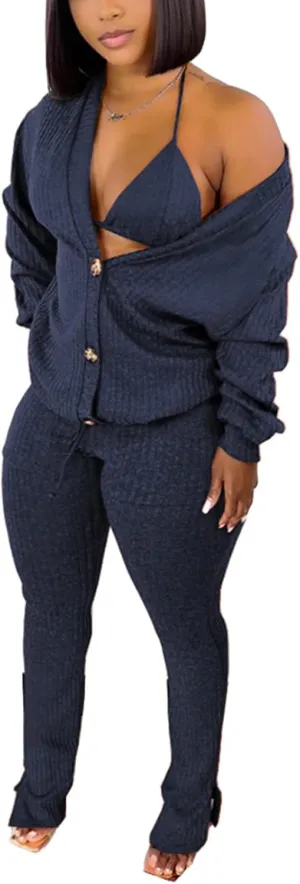 imbpceu Women's Sexy 3 Piece Outfits Button Front Cardigan Triangle Bra Drawstring Split Hem Pants Sets With Pocket