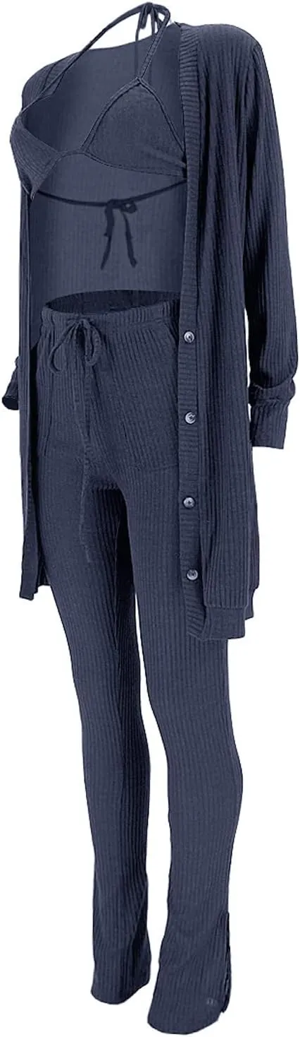 imbpceu Women's Sexy 3 Piece Outfits Button Front Cardigan Triangle Bra Drawstring Split Hem Pants Sets With Pocket