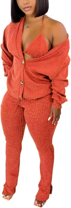 imbpceu Women's Sexy 3 Piece Outfits Button Front Cardigan Triangle Bra Drawstring Split Hem Pants Sets With Pocket