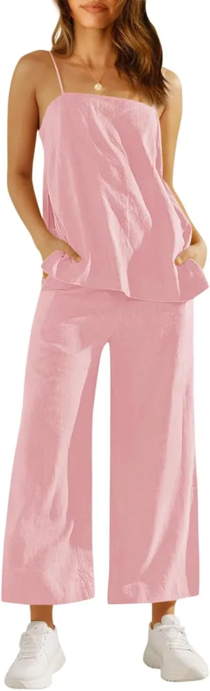 Imily Bela Womens 2 Piece Outfits Linen Set Camisole Tops and Wide Leg Pants Vacation Matching Loungewear