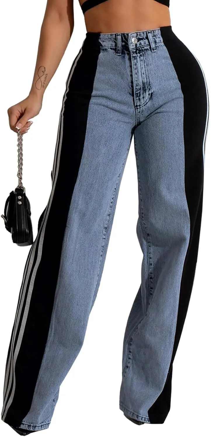 Jeans for Women High Waisted Stretch Stripes Patchwork Loose Fit Wide Leg Denim Pants