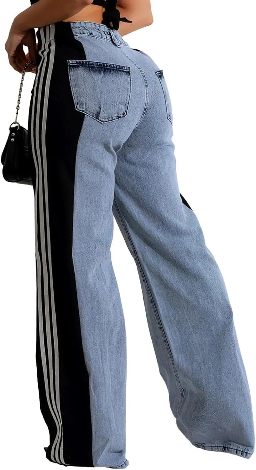 Jeans for Women High Waisted Stretch Stripes Patchwork Loose Fit Wide Leg Denim Pants