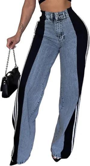 Jeans for Women High Waisted Stretch Stripes Patchwork Loose Fit Wide Leg Denim Pants
