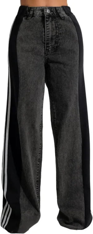 Jeans for Women High Waisted Stretch Stripes Patchwork Loose Fit Wide Leg Denim Pants