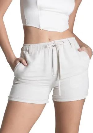 JEANS SAWARY Women's High-Waisted Linen Shorts - Loose Fit, Comfortable Elastic Waistband with Drawstring, Chic Folded Hem