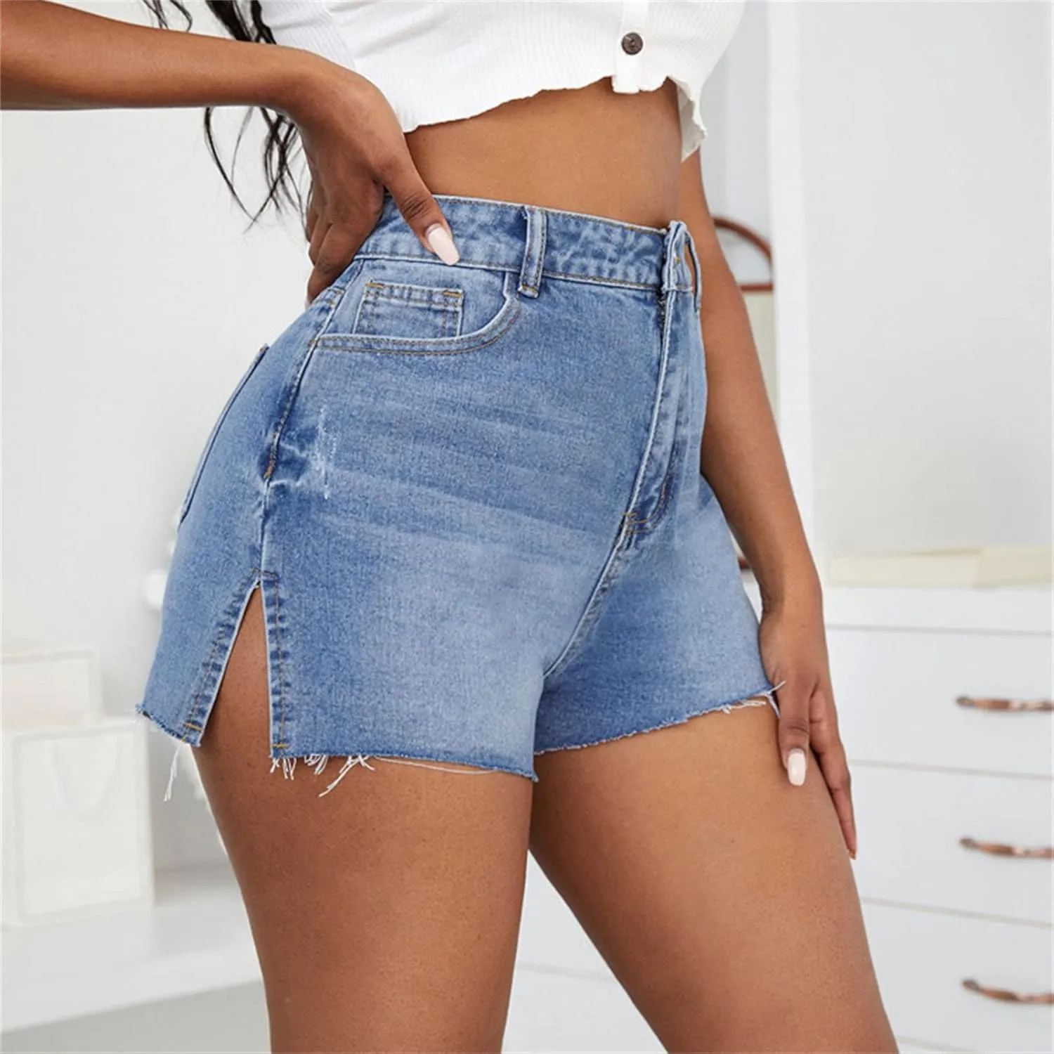 JEKE-DG Women's High-Waisted Jeans Shorts Ripped Frayed Hem Jeans Shorts Frayed Raw Hem Summer Denim Shorts