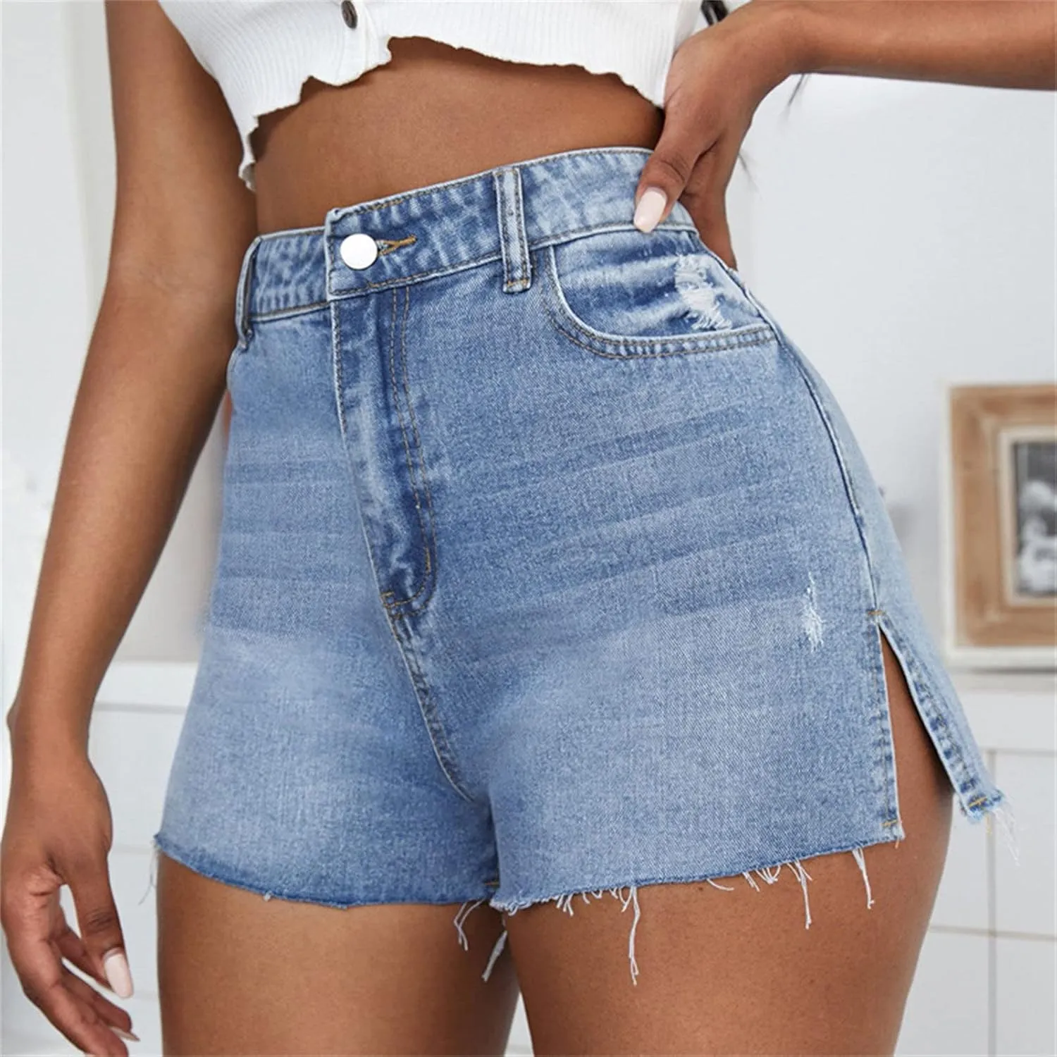 JEKE-DG Women's High-Waisted Jeans Shorts Ripped Frayed Hem Jeans Shorts Frayed Raw Hem Summer Denim Shorts
