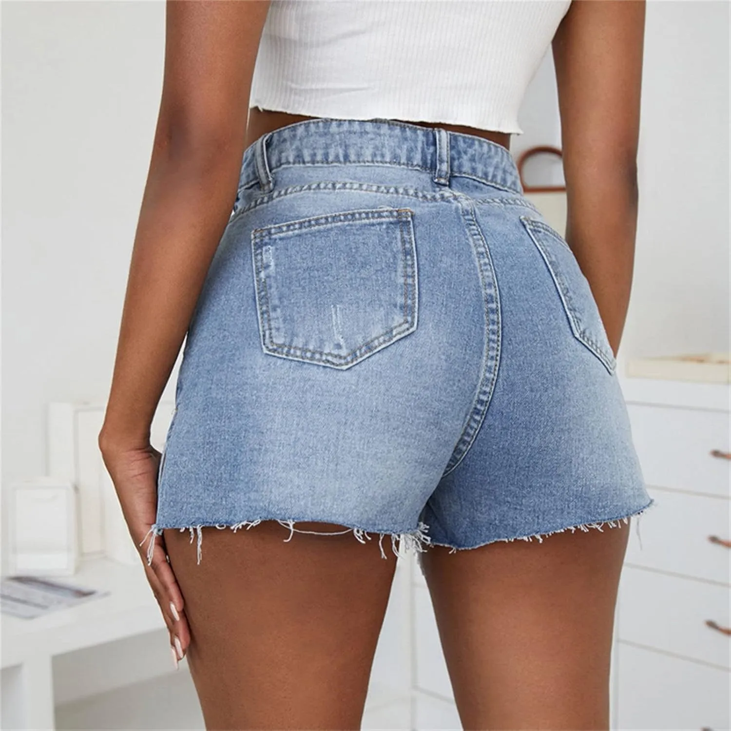 JEKE-DG Women's High-Waisted Jeans Shorts Ripped Frayed Hem Jeans Shorts Frayed Raw Hem Summer Denim Shorts