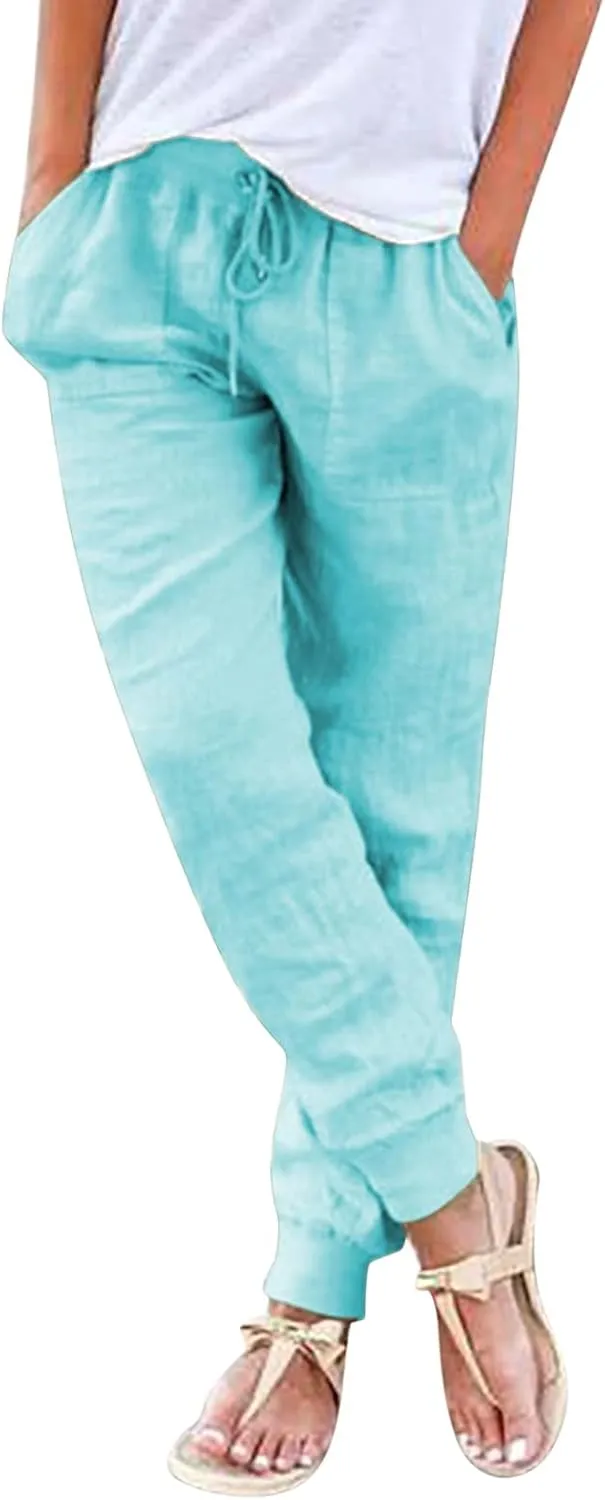 JiXiang Trousers for Women Summer Casual Drawstring Back Elastic Waist Linen Loose Fit Joggy Yoga Tapered Pants with Pockets