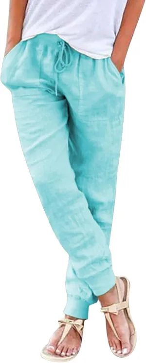 JiXiang Trousers for Women Summer Casual Drawstring Back Elastic Waist Linen Loose Fit Joggy Yoga Tapered Pants with Pockets