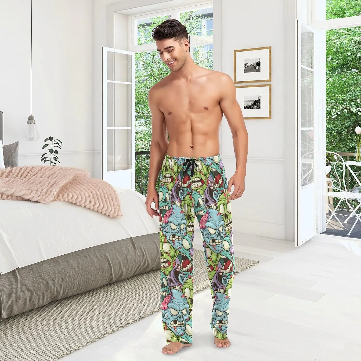JUNZAN Cartoon Zombie Pattern Mens Pajama Pants Funny Pajama Bottoms for Men Lounge Pants S