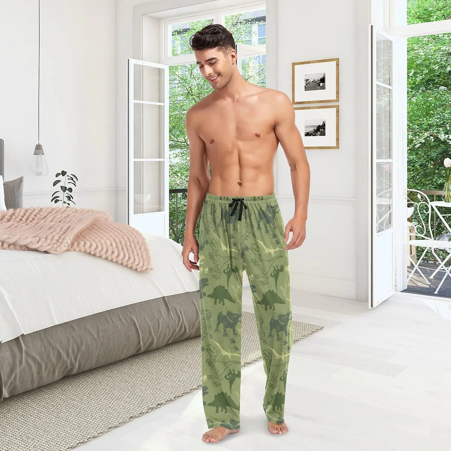 JUNZAN Dino Pattern Mens Pajama Pants Funny Pajama Bottoms for Men Lounge Pants S