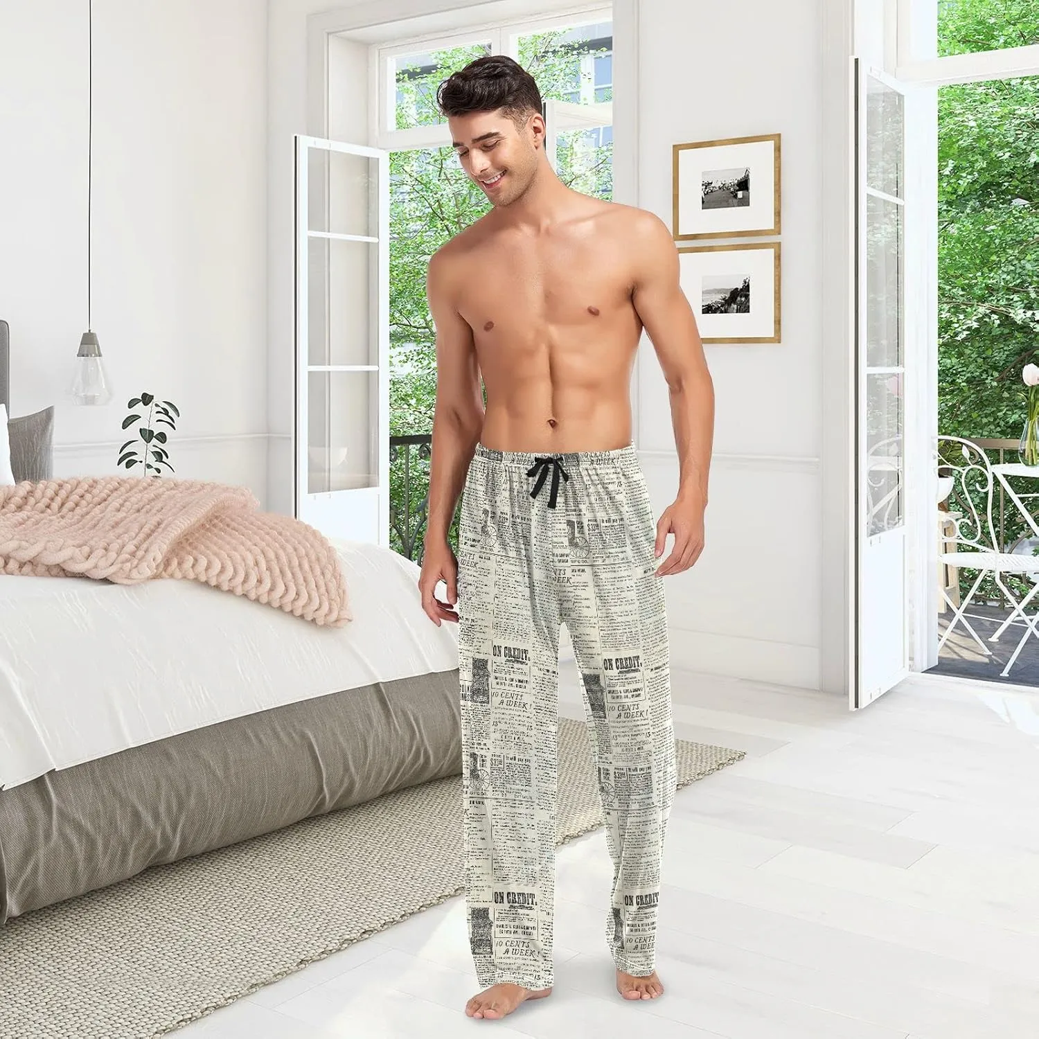 JUNZAN Pajama Pants for Men Pj Pants Mens Pajama Bottoms Vintage Newspaper S