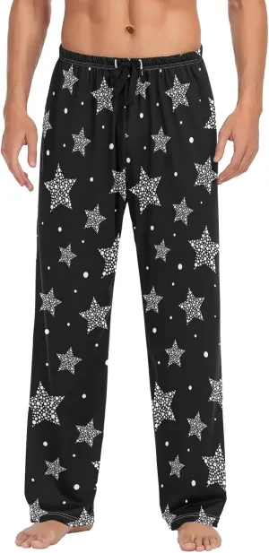 JUNZAN White Stars on Black Mens Pajama Pants Funny Pajama Bottoms for Men Lounge Pants S