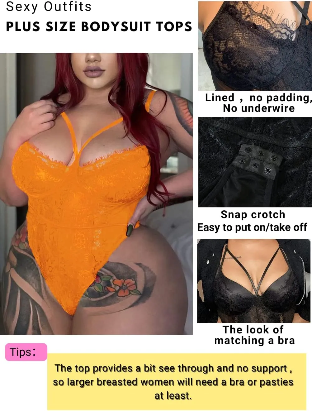 Kaei&Shi Plus Size Eyelash Lace Bodysuit, Snap Crotch Sexy Top Lingerie, Club Outfit